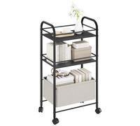YITAHOME Carrello da servizio a 3 piani, carrello da cucina arrotolabile con tavola in legno, struttura in metallo e cestino intrecciato, carrello con ruote bloccabili, maniglia, carrello per ufficio