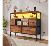 YITAHOME Cassettiera camera da letto con 4 cassetti in tessuto, credenza con 2 prese, 2 porte USB e striscia luminosa a LED, mobile TV con gancio laterale, marrone rustico