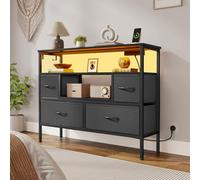 YITAHOME Cassettiera camera da letto con 4 cassetti in tessuto, credenza con 2 prese, 2 porte USB e striscia luminosa a LED, mobile TV con gancio laterale, grigio scuro