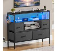 YITAHOME Cassettiera con prese e luci a LED, cassettiera in tessuto con 4 cassetti e 2 ganci, adatta per TV fino a 32 pollici, cassettiera in tessuto per camera da letto, soggiorno, grigio scuro