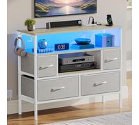 YITAHOME Cassettiera con prese e luci a LED, cassettiera in tessuto con 4 cassetti e 2 ganci, adatta per TV fino a 32 pollici, cassettiera in tessuto per camera da letto, soggiorno, ufficio, grigio
