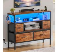 YITAHOME Cassettiera con prese e luci a LED, cassettiera in tessuto con 4 cassetti e 2 ganci, adatta per TV fino a 32 pollici, cassettiera in tessuto per camera da letto, soggiorno, marrone rustico