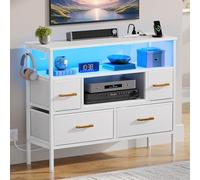 YITAHOME Cassettiera con prese e luci a LED, cassettiera in tessuto con 4 cassetti e 2 ganci, adatta per TV fino a 32 pollici, cassettiera in tessuto per camera da letto, soggiorno, casa, bianco