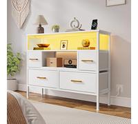 YITAHOME Cassettiera per camera da letto con 4 cassetti in tessuto, credenza con 2 prese, 2 porte USB e striscia luminosa a LED, mobile TV con ganci laterali, bianco