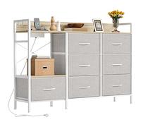 YITAHOME Cassettiera per camera da letto con 7 cassetti in tessuto, cassettiera con 2 prese, 2 porte USB e striscia luminosa a LED, mobile TV con ganci laterali, grigio chiaro