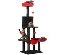 YITAHOME Centro attività per gatti, albero rampicante con amaca, tiragraffi, due palline pendenti e rifugio di peluche, torre per gatti per appartamento, rosso e nero