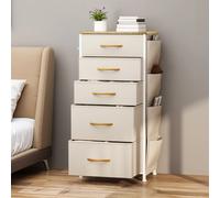 YITAHOME Comò in tessuto a 5 cassetti con tasche laterali e ganci - Struttura in metallo e piano in legno per camera da letto, cameretta, corridoio (Beige)