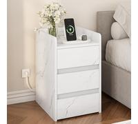 YITAHOME Comodino a 3 Cassetti con Alimentatore, Comodino con Stazione di Ricarica, 2 Porte e Prese USB, Tavolino Impermeabile per Soggiorno e Camera da Letto, 35 x 40 x 60 cm (Marmo Bianco)