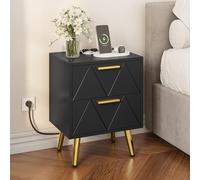 YITAHOME Comodino con 2 cassetti, 2 Porte e Prese USB, Comodino con Gambe e Maniglie in Metallo Dorato, Tavolino con Spazio per Riporre Oggetti per Soggiorno, Camera da Letto, 40x30x52 cm, Nero