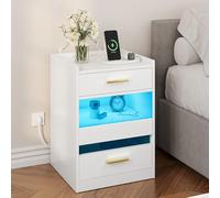 YITAHOME Comodino, tavolino con luci a LED e stazione di ricarica, comodino con cassetti per soggiorno, camera da letto, 40 x 40 x 60 cm, bianco