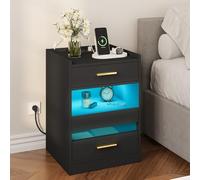 YITAHOME Comodino, tavolino con luci a LED e stazione di ricarica, comodino con cassetti per soggiorno, camera da letto, 40 x 40 x 60 cm, nero