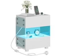 YITAHOME Comodino, tavolino da caffè laterale con 2 cassetti, striscia luminosa LED a 7 colori, comodino moderno con vetro temperato smerigliato, per camera da letto e soggiorno, bianco