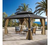YITAHOME Gazebo da 3 x 3,7 m, doppio tetto con rete e tende, gazebo da esterno a 2 livelli in ferro zincato con telaio in alluminio per patio, cortile, terrazza e prati