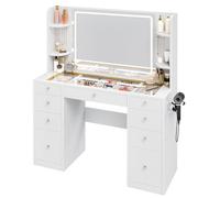 YITAHOME Grande tavolo da toeletta con illuminazione a LED regolabile e prese, scrivania trasparente, tavolo da toeletta con 9 cassetti, cassetti divisi, bianco