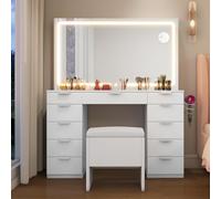 YITAHOME Grande tavolo da toeletta con illuminazione a LED regolabile e prese,Tavolo da toeletta con specchio, tavolo da toeletta con 11 cassetti con sgabello,bianco