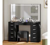 YITAHOME Grande tavolo da toeletta nero con illuminazione a LED regolabile Prese di corrente Specchio 11 cassetti Sgabello incluso