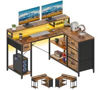YITAHOME L Form Scrivania con presa di ricarica USB e presa,Scrivania angolare reversibile con 4 cassetti e mensola, 140 x 100 cm, lavagna per computer, marrone