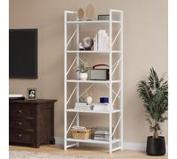YITAHOME Libreria a 5 livelli, scaffale a terra, scaffale in legno e struttura in metallo, scaffale per libri per soggiorno, casa e ufficio, bianco puro