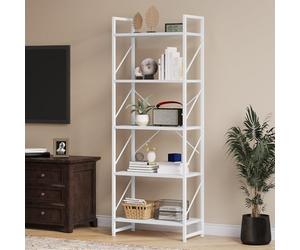 YITAHOME Libreria a 5 livelli, scaffale a terra, scaffale in legno e struttura in metallo, scaffale per libri per soggiorno, casa e ufficio, bianco puro