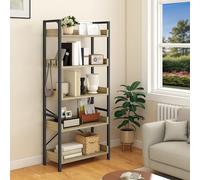 YITAHOME Libreria a 5 ripiani, alta e stretta, scaffale sottile in legno con telaio in acciaio stabile, cassettiera industriale con 4 ganci per soggiorno, casa e ufficio, colore rovere