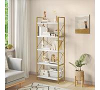 YITAHOME Libreria a 5 ripiani con struttura in metallo, scaffale per libri industriale, scaffalature per soggiorno, camera da letto, casa, ufficio, cucina, mensole dorate