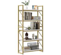YITAHOME Libreria a 5 ripiani, grande libreria, scaffale in legno e struttura in metallo, scaffalatura industriale, scaffale da pavimento, per soggiorno, casa, ufficio, scaffali per libri dorati