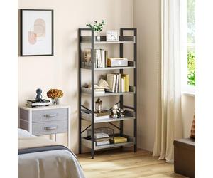 YITAHOME Libreria a 5 ripiani, scaffale da pavimento, mensola in legno e stabile struttura in acciaio, scaffalatura con 4 ganci, scaffale industriale per soggiorno, casa e ufficio, libreria Grigio