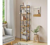 YITAHOME Libreria a 6 ripiani, libreria industriale, struttura in metallo e ripiani in legno, scaffale alto con 4 ganci, scaffale per libri e organizer per soggiorno, casa, ufficio, colore rovere