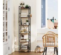 YITAHOME Libreria a 6 Ripiani, Scaffale da Pavimento con 4 Ganci, Ripiano in Legno e Struttura in Metallo Scaffale per Libri Industriale Scaffale Alto per Soggiorno, Ufficio in Casa, Marrone Rustico