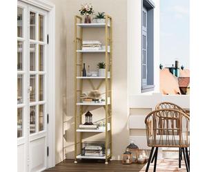 YITAHOME Libreria a 6 Ripiani, Scaffale da Pavimento con 4 Ganci, Ripiano in Legno e Struttura in Metallo Scaffale per Libri Industriale Scaffale Alto per Soggiorno, Ufficio in Casa, D'oro