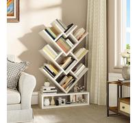 YITAHOME Libreria ad albero, libreria da pavimento con cassetto in legno, scaffalatura industriale, scaffale per esposizione per soggiorno, casa, ufficio, scaffali per libri bianco