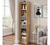 YITAHOME Libreria alta e stretta Scaffale angolare sottile con 5 ripiani e 2 cassetti in tessuto, Mobile contenitore indipendente per soggiorno, camera da letto, Finitura rovere, 30L× 24P× 180A cm