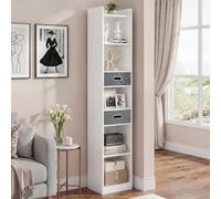 YITAHOME Libreria alta e stretta Scaffale angolare sottile con 5 ripiani e 2 cassetti in tessuto, Mobile contenitore indipendente per soggiorno, camera da letto, studio, Bianco, 30 L×24 P×180 Acm