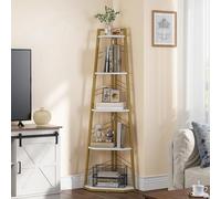 YITAHOME Libreria Angolare Industriale a 5 Livelli, Moderna Autoportante a Scaletta, Scaffale Espositivo Aperto in Legno per Soggiorno, Corridoio, Home Office, D'oro