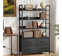 YITAHOME Libreria industriale 4 ripiani con ripiani regolabili e 4 cassetti in tessuto, autoportante con struttura in metallo, ideale per soggiorno, nera