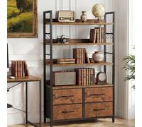 YITAHOME Libreria industriale 4 ripiani con ripiani regolabili e 4 cassetti in tessuto, autoportante con struttura in metallo, ideale per soggiorno, marrone rustico