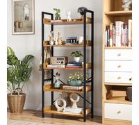 YITAHOME Libreria rustica marrone a 5 livelli - Mensola industriale in legno e acciaio con 4 ganci per soggiorno/ufficio