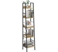 YITAHOME Libreria sottile con 5 ripiani, larghezza 35 cm, scala industriale, scaffalatura in legno e telaio in metallo, moderna mensola per soggiorno, colore rovere