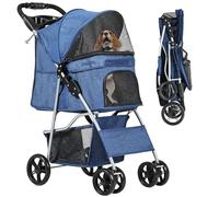 YITAHOME Passeggino per cani a 4 ruote con cestino portaoggetti, passeggino per cani di piccola e media taglia, pieghevole, con portabicchieri e cestino portaoggetti (blu)