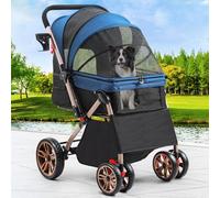 YITAHOME Passeggino per cani di piccola taglia, con manico reversibile, con finestre in rete, portabicchieri, ruote girevoli a 360° in EVA con freni (blu)