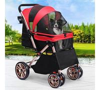 YITAHOME Passeggino pieghevole per cani di piccola taglia, con manico reversibile, con finestre in rete, portabicchieri, ruote in EVA girevoli a 360° con freni (rosso)