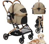 YITAHOME Passeggino pieghevole per cani di taglia media, 15 kg, con cestino portaoggetti staccabile, portabicchieri, trasportino per animali domestici su 4 ruote (cachi)