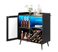 YITAHOME Piccolo mobile da bar con luci a LED, porta in acrilico e portabottiglie per vino, caffetteria con portabicchieri, credenza per casa, bar, sala da pranzo, soggiorno o cucina, nero