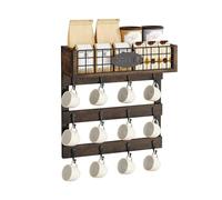 YITAHOME Portabicchieri da parete con 12 ganci, mensola portaoggetti in metallo con guardrail, organizer per tazze nero rustico per cucina, sala da pranzo e bar