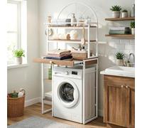 YITAHOME Scaffale multiuso da posizionare sopra la lavatrice o il WC, con 3 ripiani, design ad arco, struttura in metallo e legno con cassetto, 86 x 200 x 40 cm, colore bianco