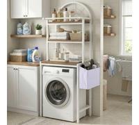 YITAHOME Scaffale salvaspazio da posizionare sopra la lavatrice o il WC, con 3 ripiani, design ad arco, struttura in metallo e legno con borsa portaoggetti in tessuto, 64 x 190 x 40 cm, colore bianco