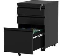 YITAHOME Schedario da Ufficio, Metallo Cassettiera Ufficio con 3 Cassetti, Mobili Ufficio Cassettiera Scrivania con Chiave e Rotelle per Formato A4 / Lettera, Nero, 46 x 39 x 62cm