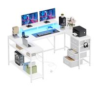 YITAHOME Scrivania angolare con 4 cassetti e spazio di archiviazione, scrivania da gioco con LED e supporto per monitor per casa, ufficio, scrivania angolare reversibile con 2 prese e 2 porte di