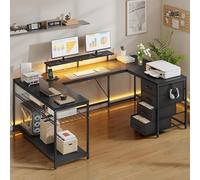 YITAHOME Scrivania angolare con 4 cassetti e spazio di archiviazione, scrivania da gioco con LED e supporto per monitor per casa, ufficio, scrivania angolare reversibile con 2 prese e 2 porte di