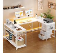 YITAHOME Scrivania angolare con 4 cassetti e spazio di archiviazione, scrivania da gioco con LED e supporto per monitor per casa, ufficio, scrivania angolare reversibile con 2 prese e 2 porte di
